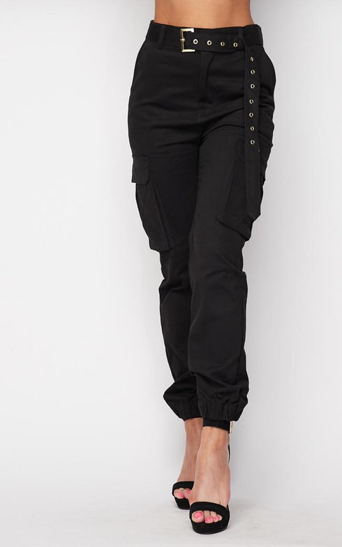 Belted High Waist Cargo Jogger Pants - Black - SohoGirl.com